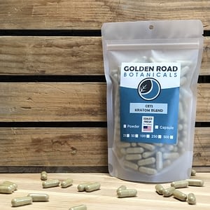 Golden Road Botanicals Ceti Blended Kratom Capsules in a stand up pouch.