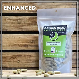 Golden Road Botanicals Enhanced Gamma Red Blended Kratom Capsules in a stand up pouch.