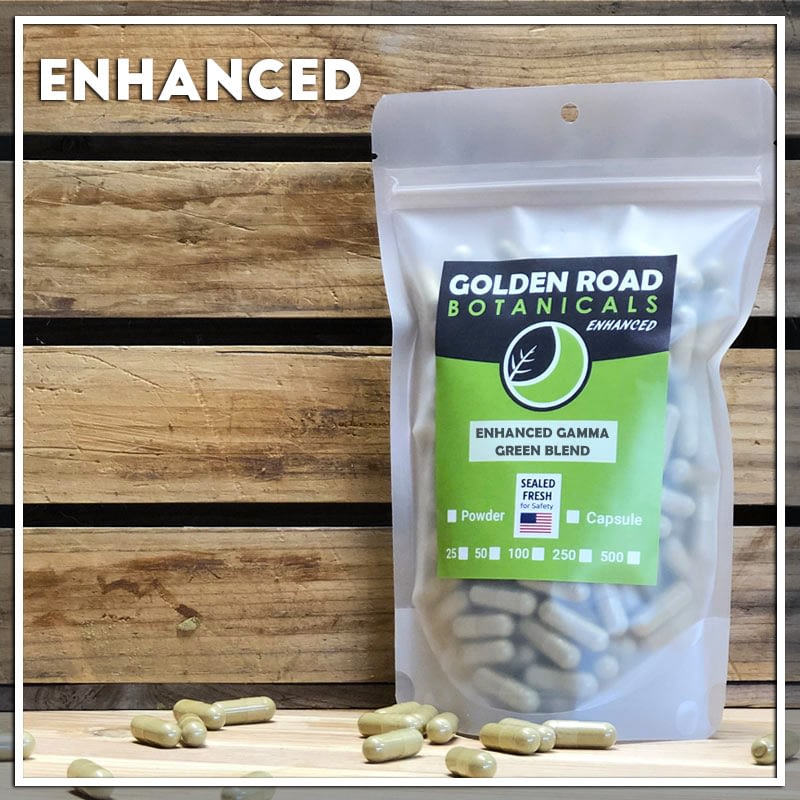 Golden Road Botanicals Enhanced Gamma Red Blended Kratom Capsules in a stand up pouch.