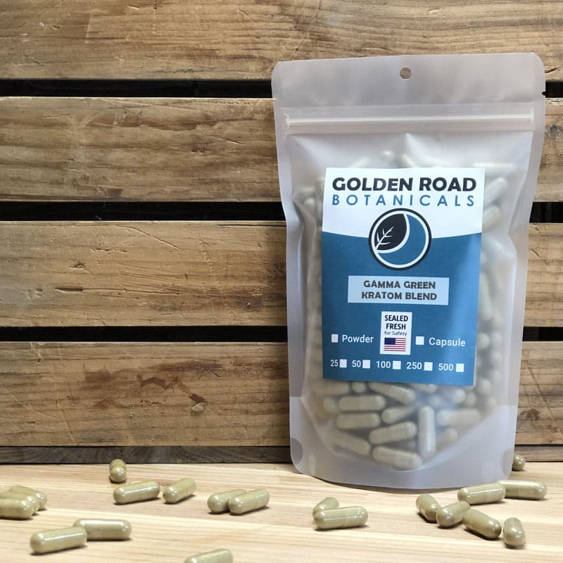 Golden Road Botanicals Gamma White Blended Kratom Capsules in a stand up pouch.