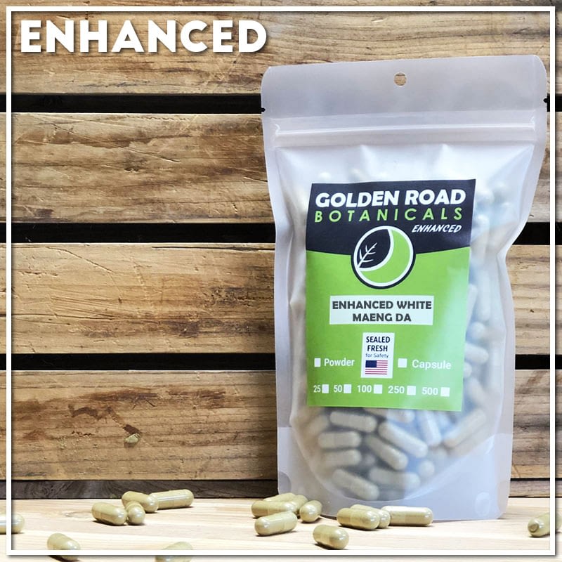 Golden Road Botanicals Gamma White Blended Kratom Capsules in a stand up pouch.