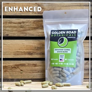 Golden Road Botanicals Enhanced Gamma White Blended Kratom Capsules in a stand up pouch.